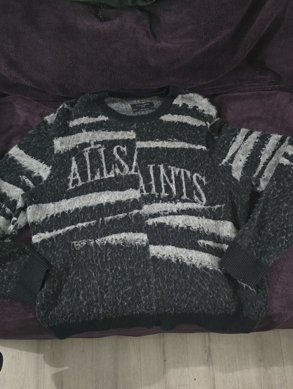 All Saints Men's Black & Gray Striped Crewneck Sweater